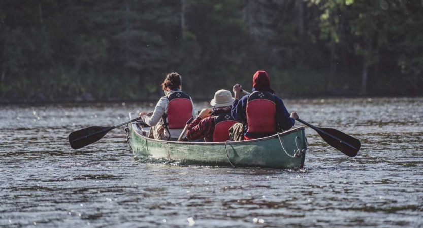 Three people wearing life jackets paddle a canoe away from the camera on calm water toward a tree-lined shore.
